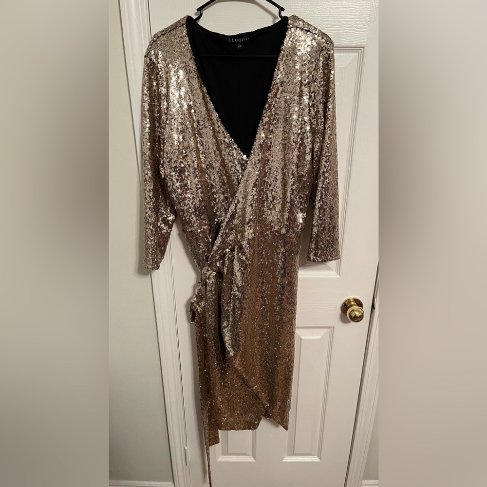 Eloquii Shimmering Gold Sequin Wrap Dress